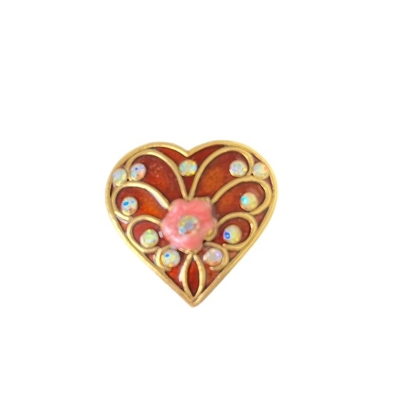 VTG Heart Enamel Aurora Borealis Rhinestones Brooch Pin - Picture 1 of 4